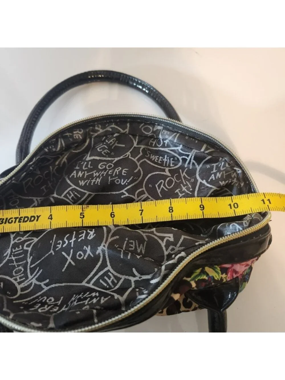 Betsey Johnson Leopard Floral Rose Dome Satchel Handbag Black Patent Trim